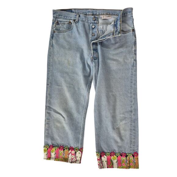VTG 2001 Levi’s 3 Sisters 501 Women’s Cropped Upcycled Flip Flop Hem Jeans 36x22 - Picture 1 of 5
